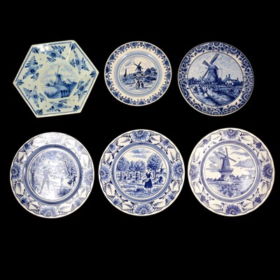 Lot 23 - Six various Delft pottery plates, and an Italian pottery plate, similarly decorated.