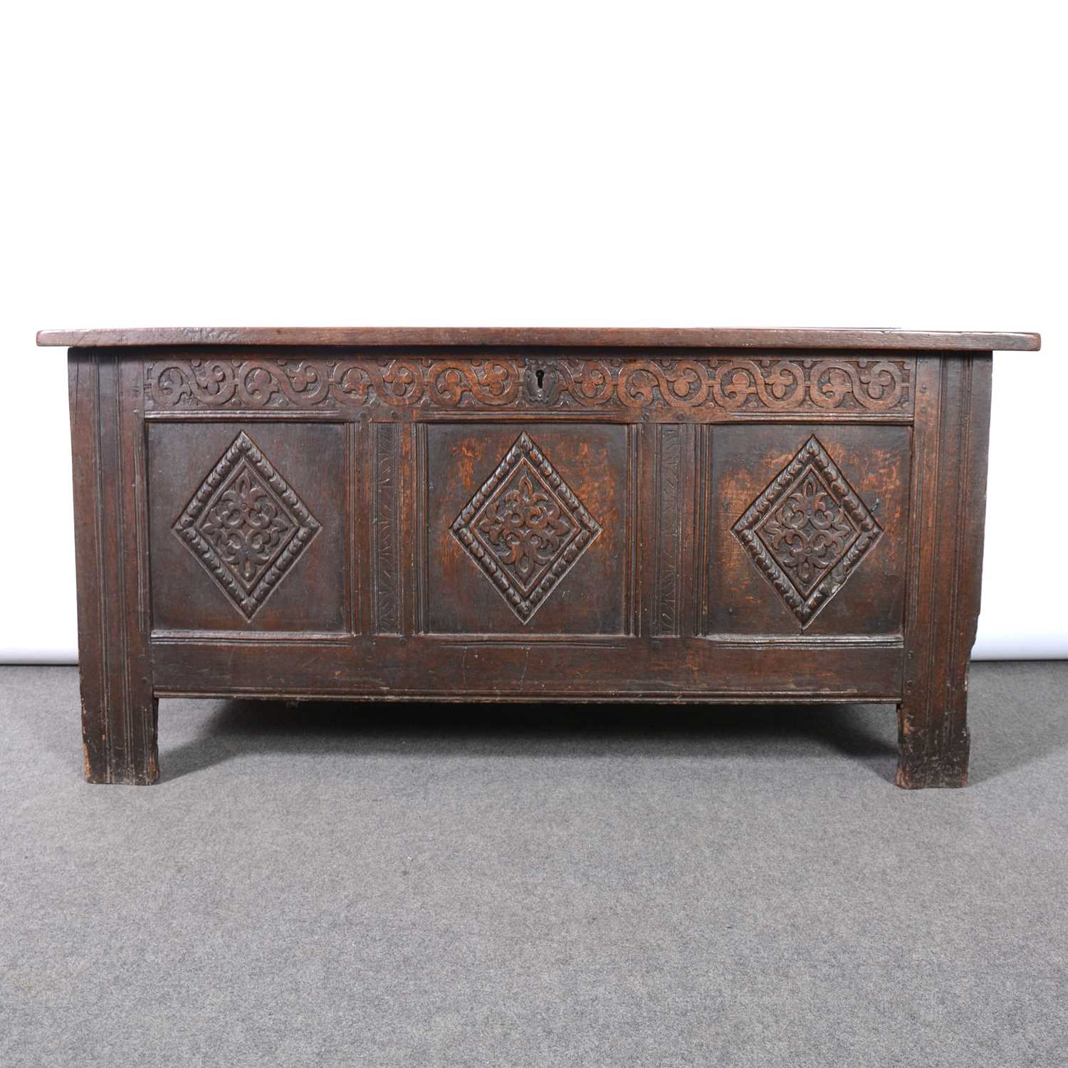 Lot 58 - Carved oak coffer, 18th century and later
