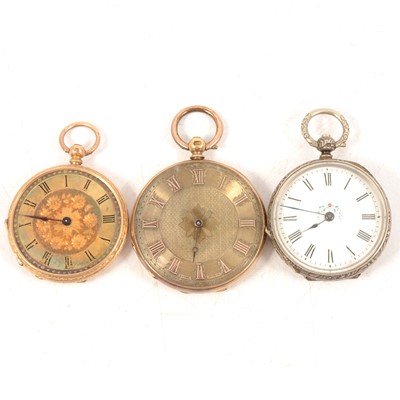 Lot 264 - 18K fob watch, another yellow metal fob watch and a silver fob watch