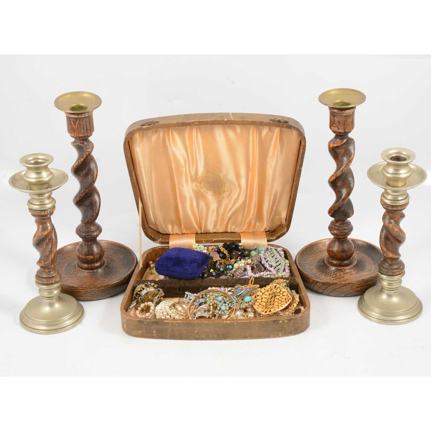 Lot 227 - Small quantity of costume jewellery; and two pairs of oak candlesticks.