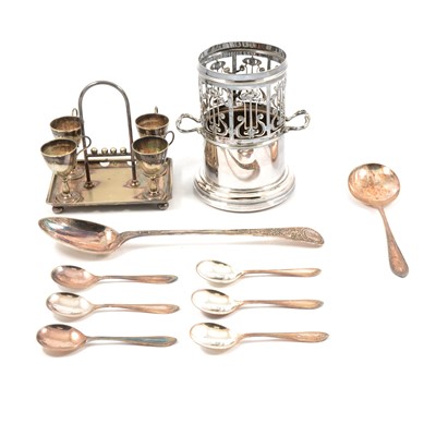 Lot 148 - Silver-plated entree dishes, basting spoon, toast rack, siphon stand and other cutlery