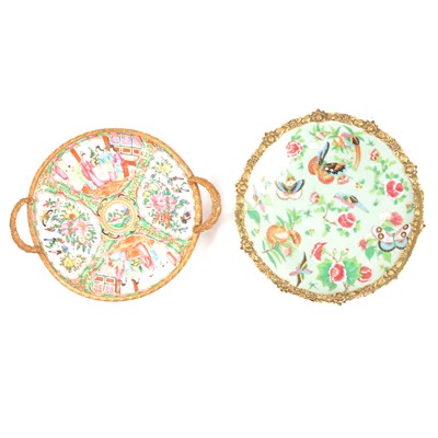 Lot 10 - Cantonese famille rose dish and a Chinese celadon dish, both with gilt metal mounts