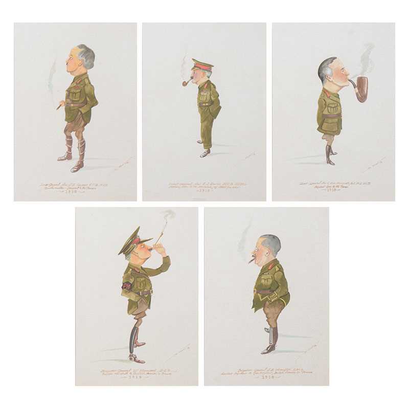 Lot 478 - C Hunt, five caricatures of WW1 army officers.