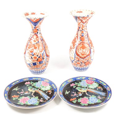 Lot 19 - Pair of Japanese Imari vases, and a pair of famille noir plates