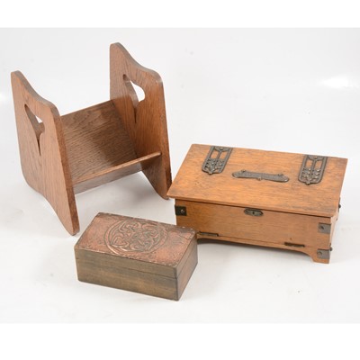 Lot 236 - Arts & Crafts style oak card box, trinket box and a book rack