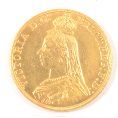 Lot 334 - Victorian gold £5 Britannia coin, 1887.