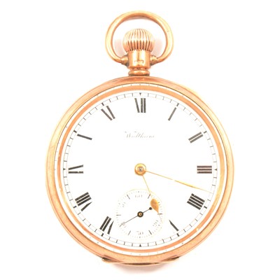 Lot 283 - Waltham - a 9 carat yellow gold open face pocket watch.