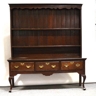 Lot 300 - George III oak dresser, delft rack with...