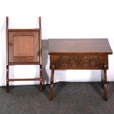 Lot 364 - Modern Ercol medium elm key cabinet and a reproduction oak box seat stool.