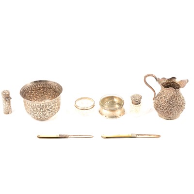 Lot 248 - Indian white metal milk jug and sugar bowl, penknives, scent bottles and salts.