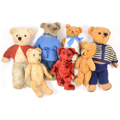 Lot 96 - Teddy bears, seven vintage and others, all apart from one with jointed limbs.