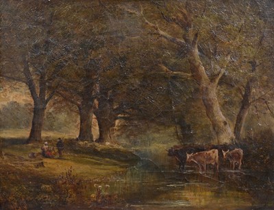 Lot 351 - English School, Cattle Watering in a woodland landscape