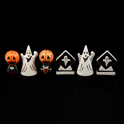 Lot 30 - Lorna Bailey - a three-piece Ghost cruet set, three pairs of Halloween-themed sifters, and two others.