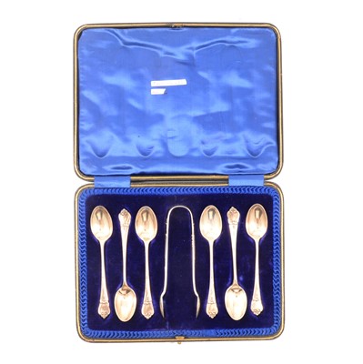 Lot 202 - A cased set of six silver teaspoons and sugar tongs.