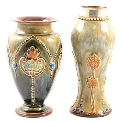 Lot 7 - Royal Doulton vase with white metal collar, Ethel Baird, and a Doulton Lambeth vase.