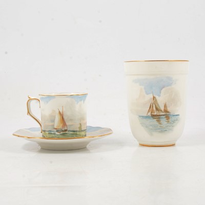 Lot 5 - Royal Crown Derby beaker, cup and saucer, sailing boats design, signed W E J Dean.