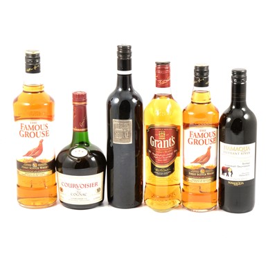 Lot 117 - Three bottles of blended whisky, one Couroisier cognac, and two bottles of table wine