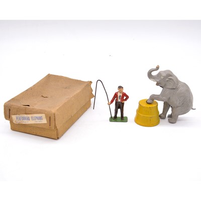 Lot 1048 - Charben Performing Elephant and keeper, lead painted, boxed.