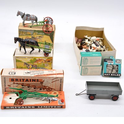 Lot 1046 - Two Britiains horse carts and furrow, all boxed and a selection of lead animals.