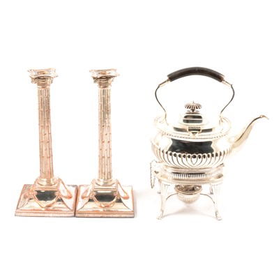 Lot 186 - Pair of silver-plated candlesticks, and a silver-plated spirit kettle on a stand.