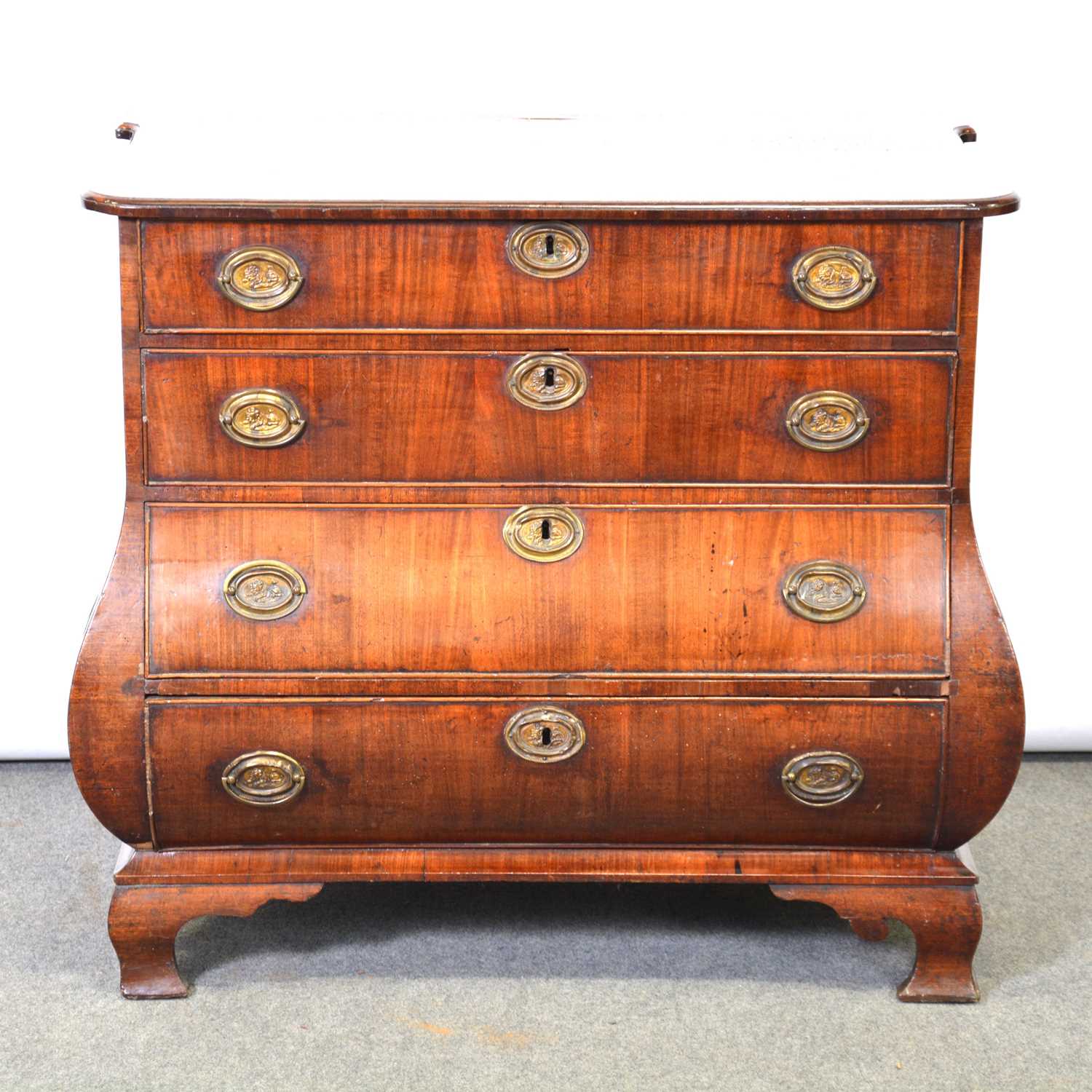 Lot 345 - Dutch mahogany bombe-shaped commode, late