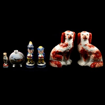 Lot 44 - Pair of Victorian Staffordshire pottery King Charles Spaniels, and two Mr Toby condiments.