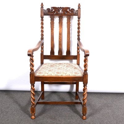 Lot 338 - Oak slat back elbow chair, circa 1910