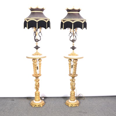 Lot 352 - Pair of Italian gilt metal and marble stands, with a pair of associated lamps