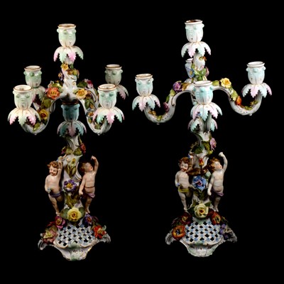 Lot 126 - Pair of Dresden porcelain five light candelabra