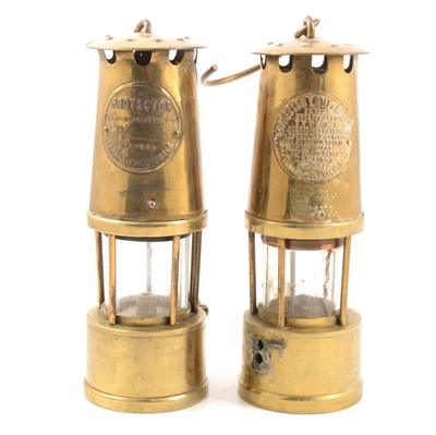 Lot 109 - Two brass miner's lamps, The Protector, Eccles, Manchester