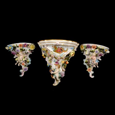 Lot 123 - Pair of Dresden porcelain wall brackets and one similar