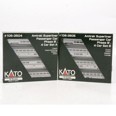 Lot 597 - Kato N gauge, ref 106-3504 / 106-3505 Amtrak Superliner passenger 4-car sets