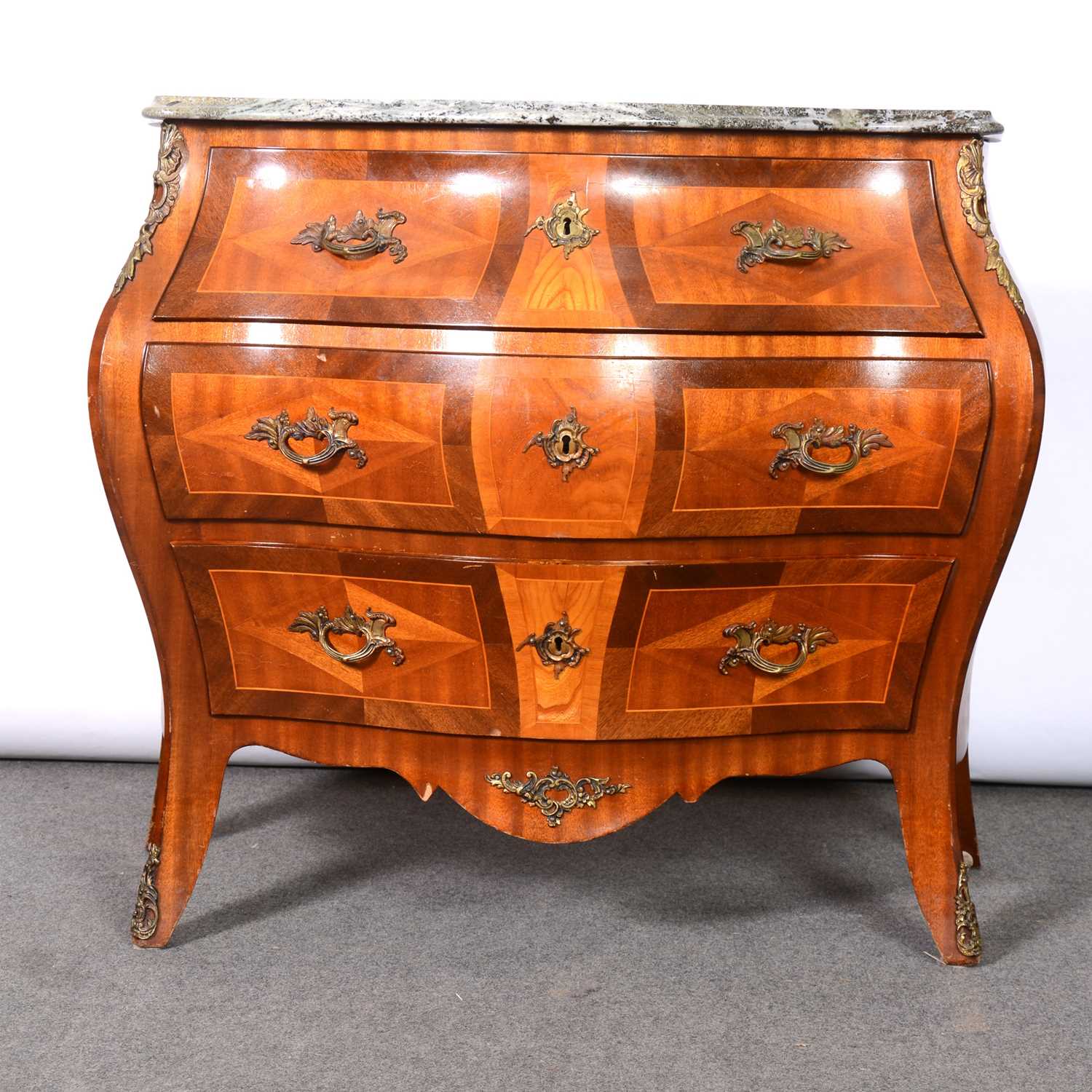 Lot 77 - Continental mahogany and kingwood chest of drawers, Louis XV style