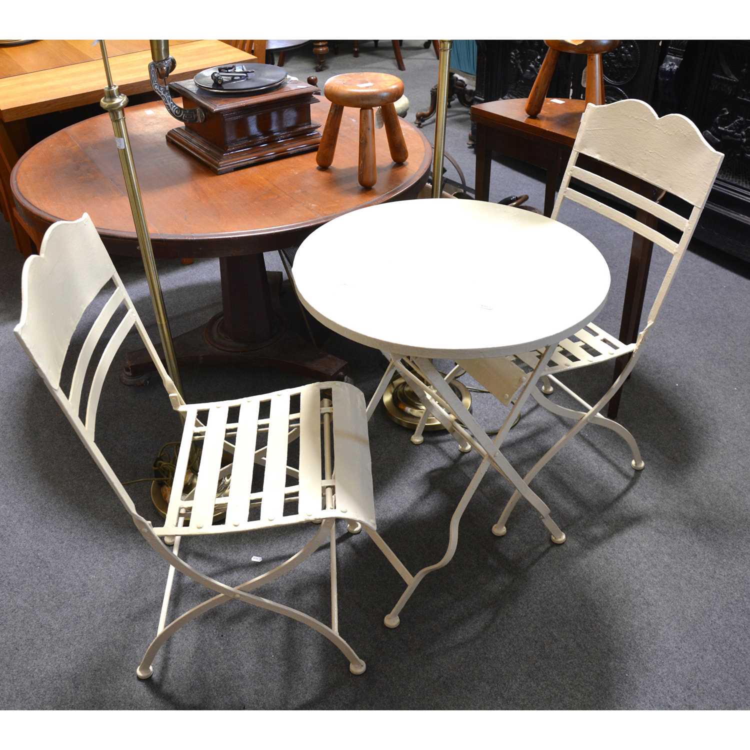 Lot 403 Painted metal folding garden table and two