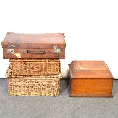 Lot 48 - HMV oak cased table top gramophone, a leather suitcase, and two wicker picnic hampers