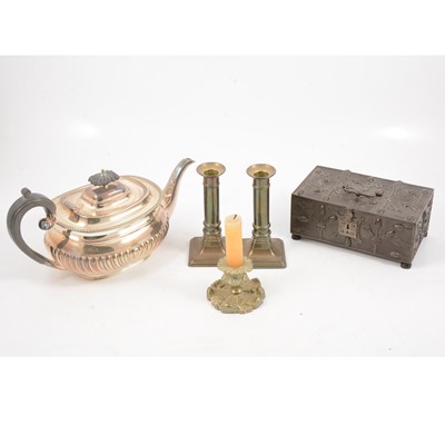Lot 194 - William IV brass chamberstick with snuffer, electroplated teaset and other plated and brass wares.