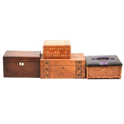 Lot 126 - Four work boxes, including some mother of pearl sewing accessories and pincushions