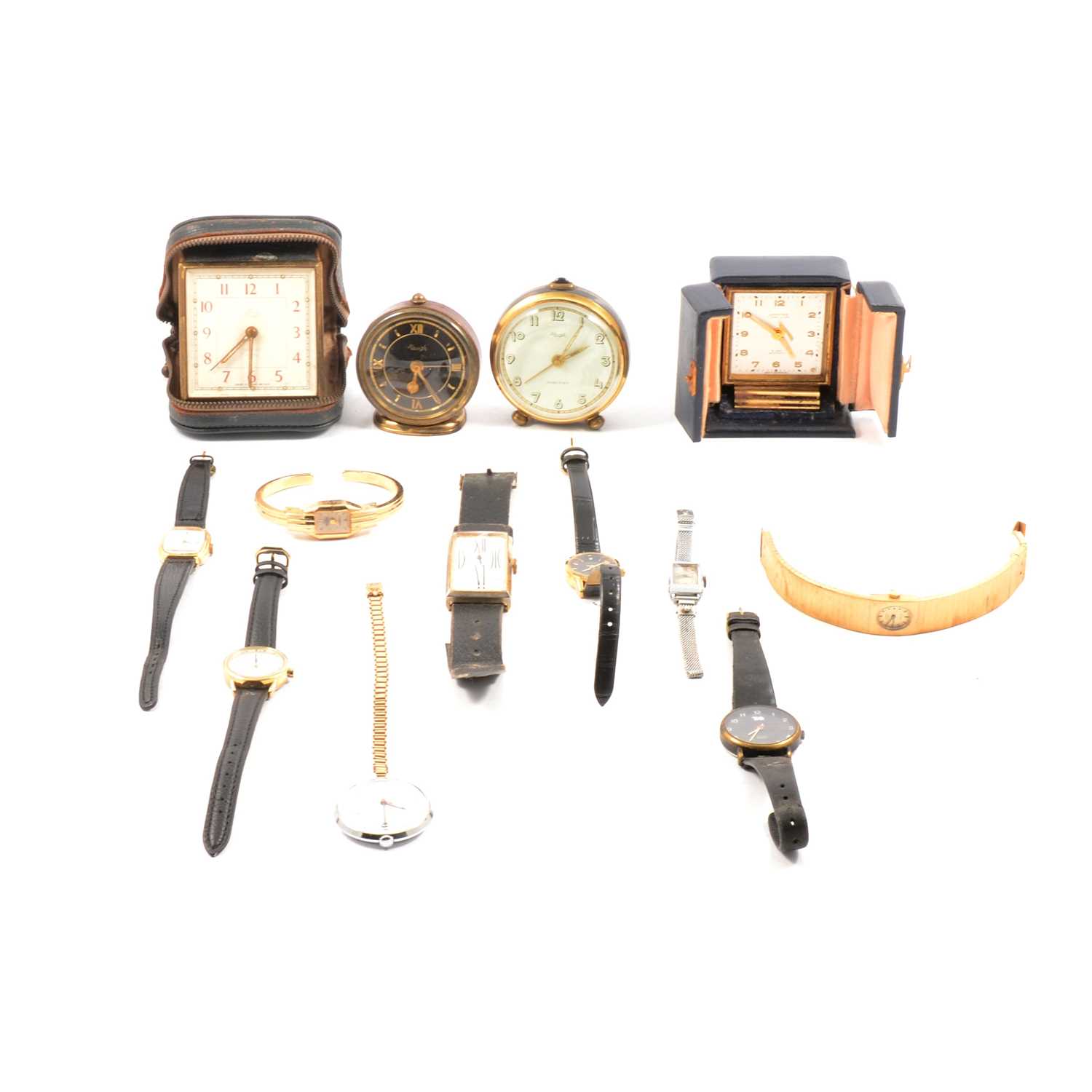 Lot 336 - Four travel alarm clocks and nine wristwatches / fob watches.