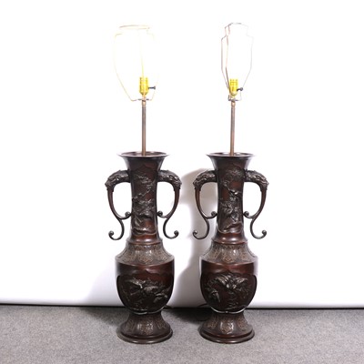 Lot 163 - Pair of Chinese bronze vases, adapted as table lamps