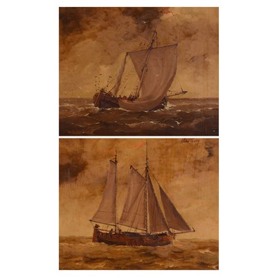 Lot 263 - Pair of reproduction oil paintings, Boats at sea