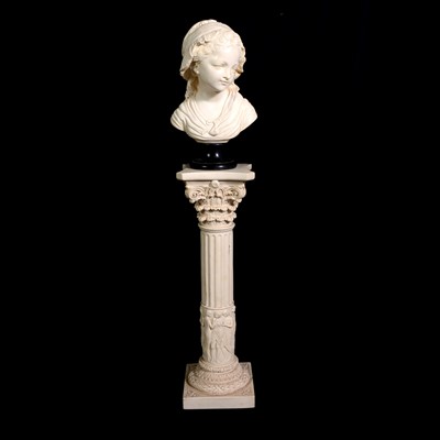 Lot 188 - Resin bust, Young lady in a bonnet, on a column