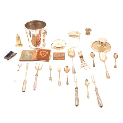 Lot 239 - Silver tablespoon, Walker & Hall, Sheffield 1909, other silver flatware, plated and metal wares.