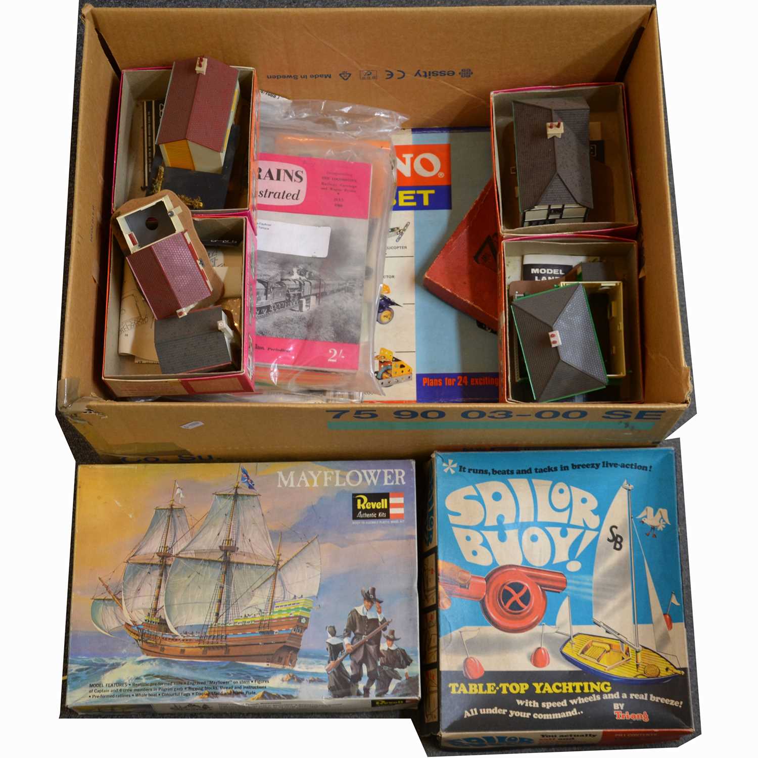Lot 214 - Vintage toys and games; one box including plastic toy gun; Tri-ang Sailor Buoy etc