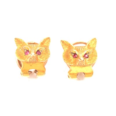 Lot 248 - A pair of 1960's 9 carat yellow gold fox mask earclips in original Garrard's box.