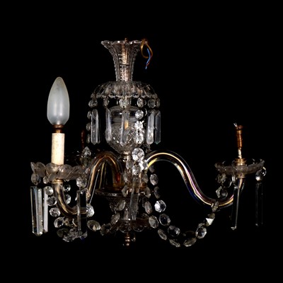 Lot 427 - Cut glass three-light scrolled branch chandelier.