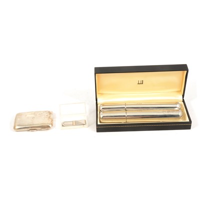 Lot 282 - Dunhill pewter combined cigar case/flask, silver money clip and cigarette case