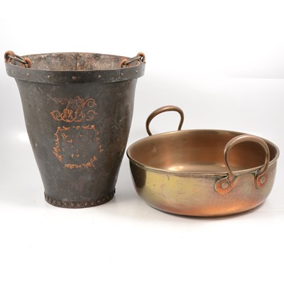 Lot 163 - Leather fire bucket, metalware