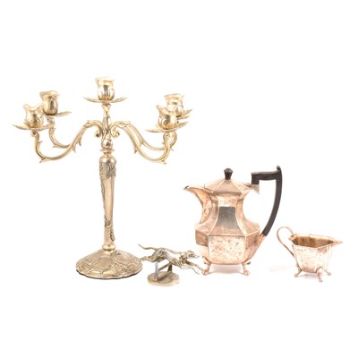 Lot 168 - A four piece silver-plated teaset, a pair of candelabra, a greyhound car mascot, plus cutlery.