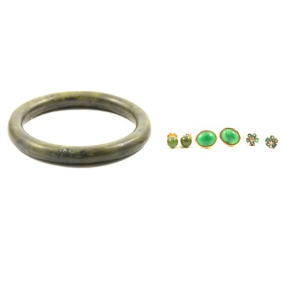 Lot 243 - A pair of emerald and diamond earrings, two pairs of nephrite earrings and a nephrite bangle.