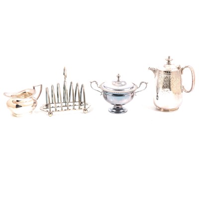 Lot 172 - Silver-plated candelabra, salver, entree dishes, toast rack, miniature pots and other plated wares.